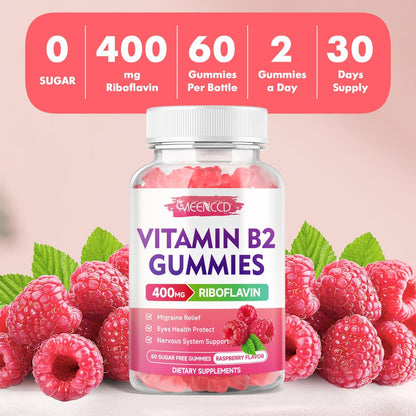 MEENCCD Vitamin B2 Gummies – Riboflavin 400mg mit Magnesium für Kinder & Erwachsene, Vegan, Zuckerfrei, Himbeergeschmack, 60 Stück