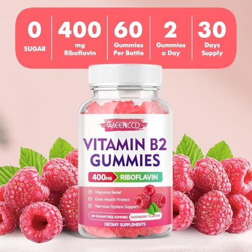 MEENCCD Vitamin B2 Gummies – Riboflavin 400mg mit Magnesium für Kinder & Erwachsene, Vegan, Zuckerfrei, Himbeergeschmack, 60 Stück
