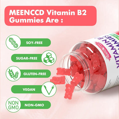 MEENCCD Vitamin B2 Gummies – Riboflavin 400mg mit Magnesium für Kinder & Erwachsene, Vegan, Zuckerfrei, Himbeergeschmack, 60 Stück