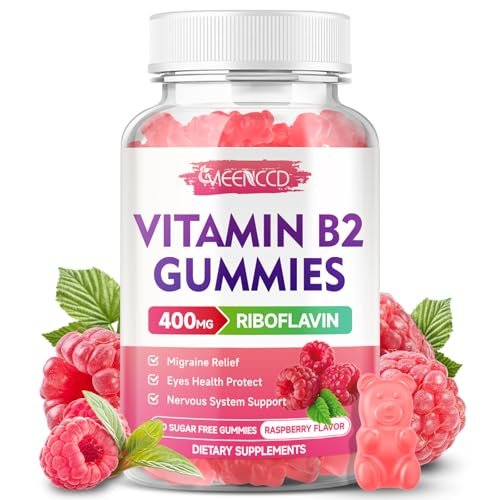 MEENCCD Vitamin B2 Gummies – Riboflavin 400mg mit Magnesium für Kinder & Erwachsene, Vegan, Zuckerfrei, Himbeergeschmack, 60 Stück