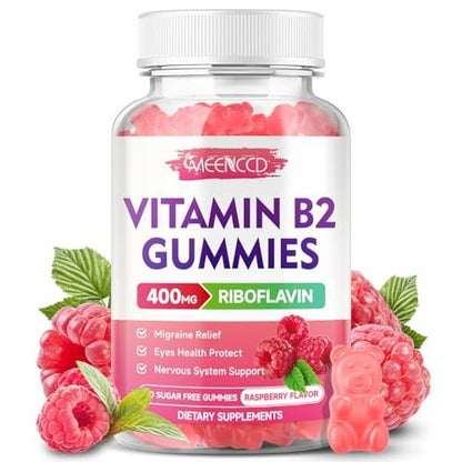 MEENCCD Vitamin B2 Gummies – Riboflavin 400mg mit Magnesium für Kinder & Erwachsene, Vegan, Zuckerfrei, Himbeergeschmack, 60 Stück