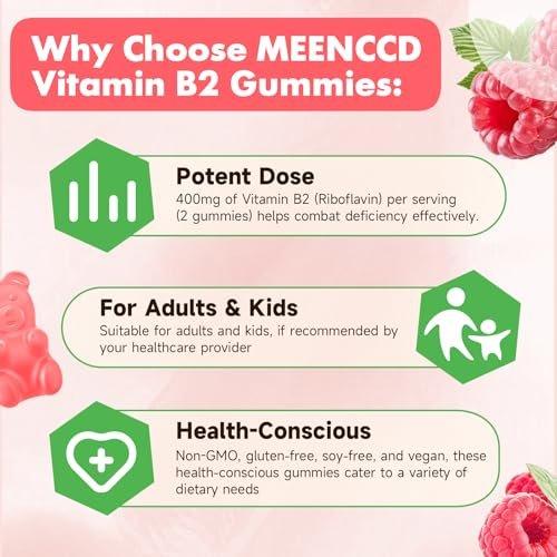 MEENCCD Vitamin B2 Gummies – Riboflavin 400mg mit Magnesium für Kinder & Erwachsene, Vegan, Zuckerfrei, Himbeergeschmack, 60 Stück