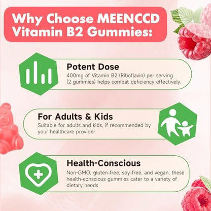 MEENCCD Vitamin B2 Gummies – Riboflavin 400mg mit Magnesium für Kinder & Erwachsene, Vegan, Zuckerfrei, Himbeergeschmack, 60 Stück