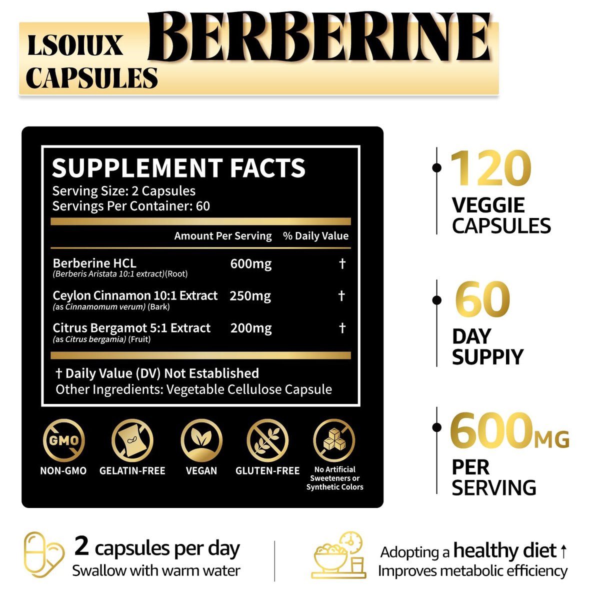 LSOIUX Berberin-Komplex mit Ceylon-Zimt – Liposomales Berberin für den Stoffwechsel, 600 mg, 120 Kapseln, Vegan, Non-GMO