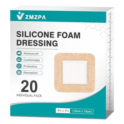 20 Stück Silikon-Schaumstoff-Wundverband 10x10 cm, sanfter Rand, wasserdicht, super saugfähig, selbstklebend, für Druckgeschwüre, Wundpflege