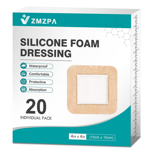 20 Stück Silikon-Schaumstoff-Wundverband 10x10 cm, sanfter Rand, wasserdicht, super saugfähig, selbstklebend, für Druckgeschwüre, Wundpflege