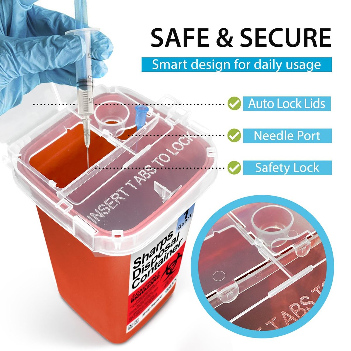 Entsorgungsbehälter für scharfe Gegenstände für den Hausgebrauch - 1 Quart (1er-Pack) Biohazard-Spritzen- und Nadelentsorgungsbehälter - Kleiner Sharps-Behälter für Reise und professionelle Nutzung