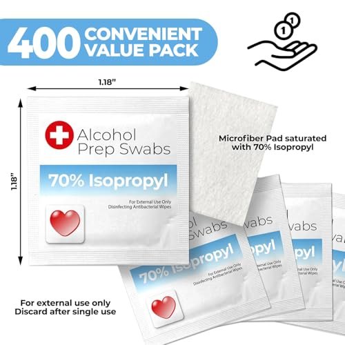 Alkohol-Reinigungstücher – 70% Isopropylalkohol, 400 einzeln verpackte Pads, Bulk-Packung für Haushalt, Medizin und Erste-Hilfe-Kits
