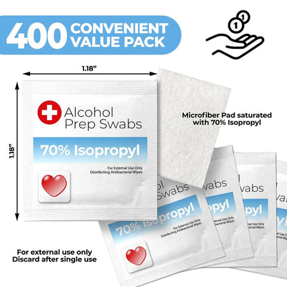 Alkohol-Reinigungstücher – 70% Isopropylalkohol, 400 einzeln verpackte Pads, Bulk-Packung für Haushalt, Medizin und Erste-Hilfe-Kits