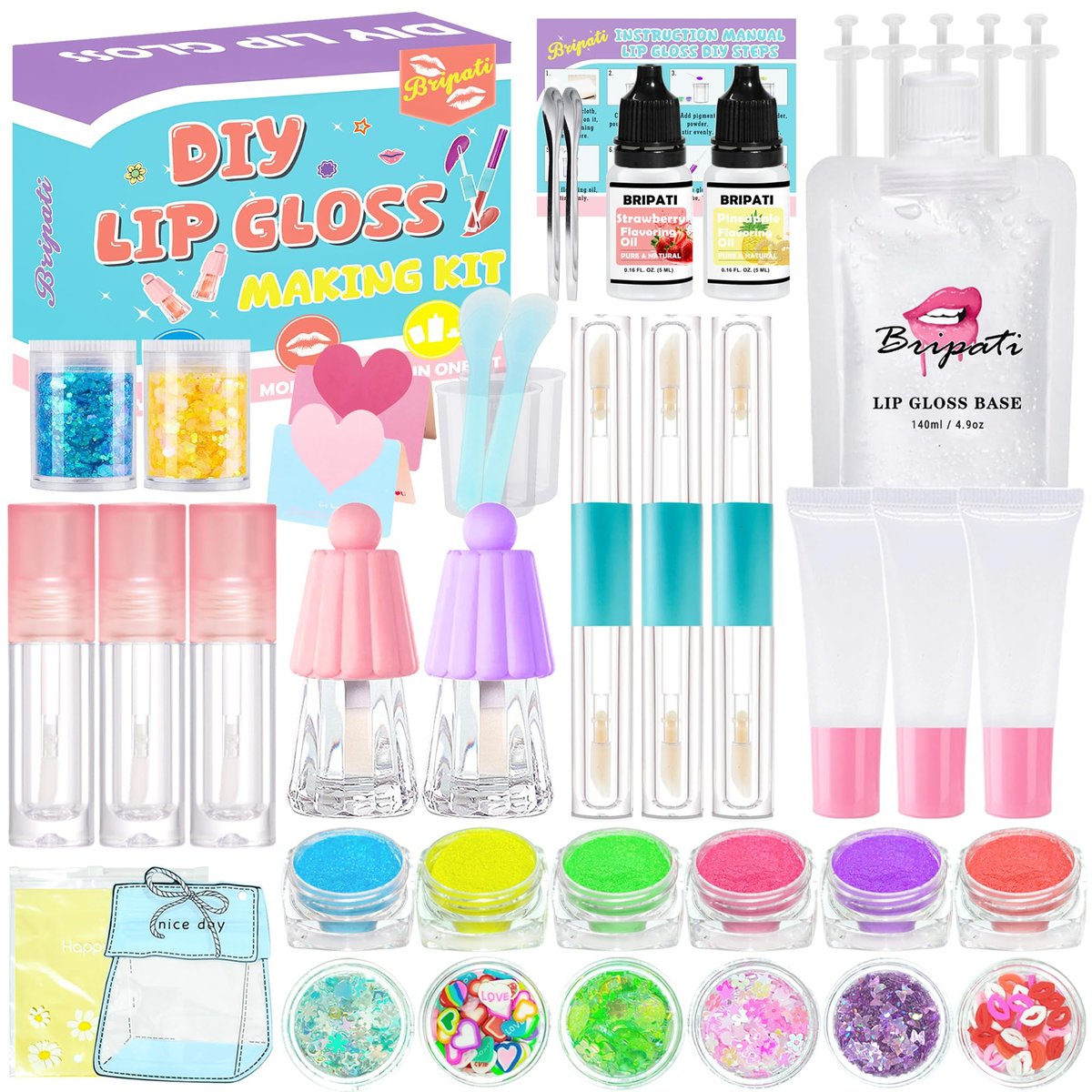 BRIPATI DIY Lip Gloss Herstellungsset – Eigenen Lippen gloss herstellen, feuchtigkeitsspendend, glitzernd, für Teenager, Frauen, Make-up-Liebhaber, Anfänger, Weihnachts-Geburtstagsgeschenk