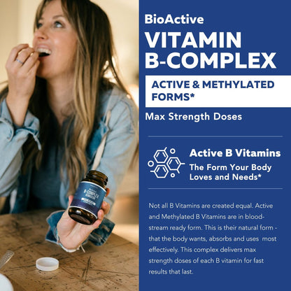 Bioaktiver Vitamin B-Komplex – Blutstrombereit, methylierter B-Komplex mit Methylfolat, 3 bioaktiven Formen von B12, BenfoPure® B1 & Pantesin® B5 – 12 B-Vitamine in klinischen Dosen – 60 Portionen