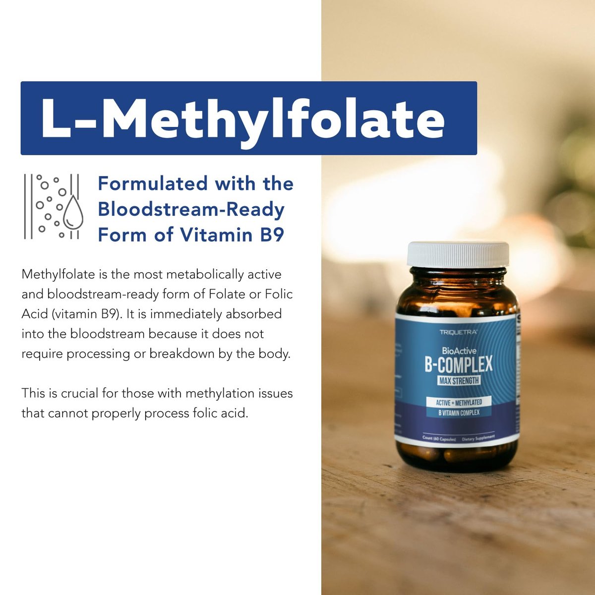 Bioaktiver Vitamin B-Komplex – Blutstrombereit, methylierter B-Komplex mit Methylfolat, 3 bioaktiven Formen von B12, BenfoPure® B1 & Pantesin® B5 – 12 B-Vitamine in klinischen Dosen – 60 Portionen
