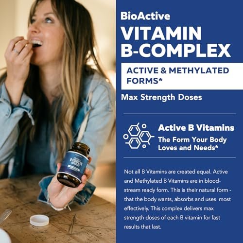 Bioaktiver Vitamin B-Komplex – Blutstrombereit, methylierter B-Komplex mit Methylfolat, 3 bioaktiven Formen von B12, BenfoPure® B1 & Pantesin® B5 – 12 B-Vitamine in klinischen Dosen – 60 Portionen