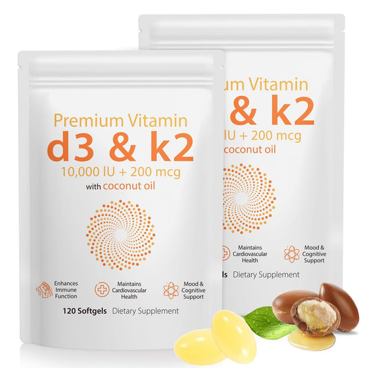 D3 K2 Vitamin 10000 IE - 240 Weichkapseln mit Virgin Kokosöl, 2-in-1 Vitamin D & K Komplex, Immununterstützung und Calciumaufnahme, Knochen- und Herzgesundheit (240 Kapseln, Packung mit 2)