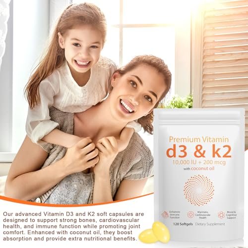 D3 K2 Vitamin 10000 IE - 240 Weichkapseln mit Virgin Kokosöl, 2-in-1 Vitamin D & K Komplex, Immununterstützung und Calciumaufnahme, Knochen- und Herzgesundheit (240 Kapseln, Packung mit 2)