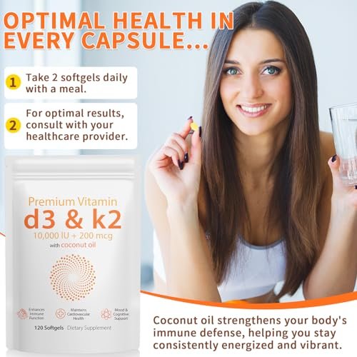 D3 K2 Vitamin 10000 IE - 240 Weichkapseln mit Virgin Kokosöl, 2-in-1 Vitamin D & K Komplex, Immununterstützung und Calciumaufnahme, Knochen- und Herzgesundheit (240 Kapseln, Packung mit 2)
