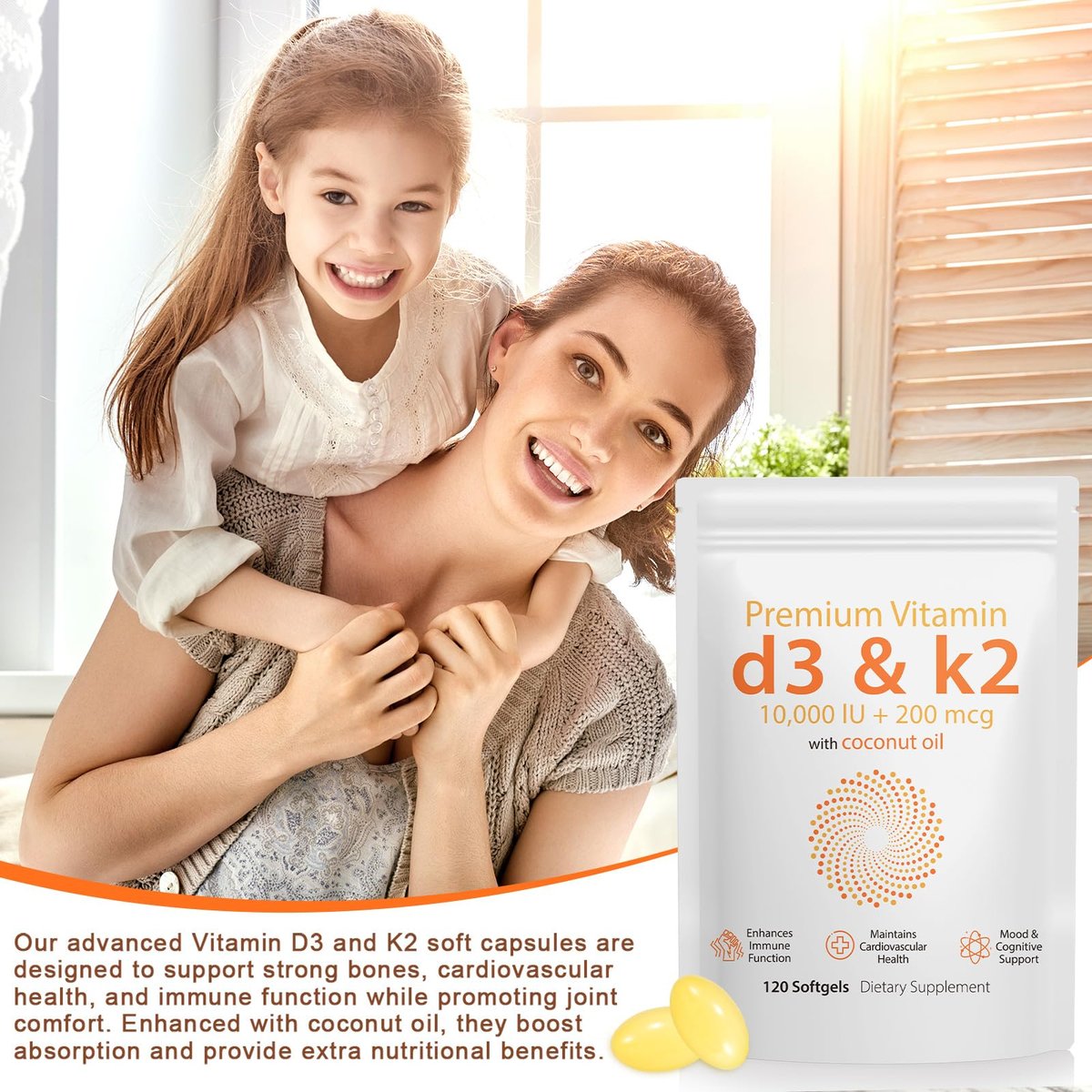 D3 K2 Vitamin 10000 IE - 240 Weichkapseln mit Virgin Kokosöl, 2-in-1 Vitamin D & K Komplex, Immununterstützung und Calciumaufnahme, Knochen- und Herzgesundheit (240 Kapseln, Packung mit 2)