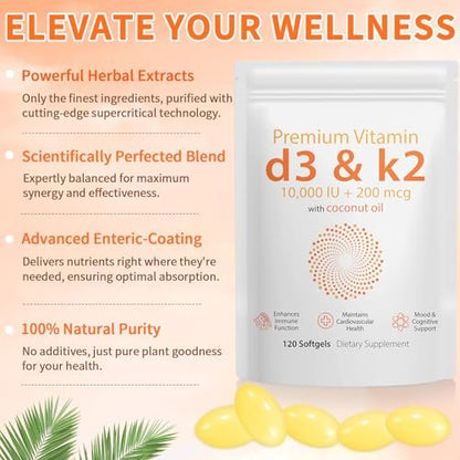 D3 K2 Vitamin 10000 IE - 240 Weichkapseln mit Virgin Kokosöl, 2-in-1 Vitamin D & K Komplex, Immununterstützung und Calciumaufnahme, Knochen- und Herzgesundheit (240 Kapseln, Packung mit 2)