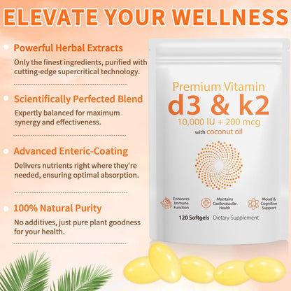 D3 K2 Vitamin 10000 IE - 240 Weichkapseln mit Virgin Kokosöl, 2-in-1 Vitamin D & K Komplex, Immununterstützung und Calciumaufnahme, Knochen- und Herzgesundheit (240 Kapseln, Packung mit 2)
