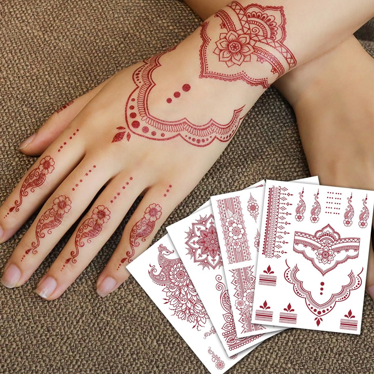 CHARLENT 12 Blätter Henna Tattoos für Frauen – Wasserfeste Braune Henna Tattoo Aufkleber für Hochzeit, Party, Pfau & Lotus – Temporäre Körperkunst