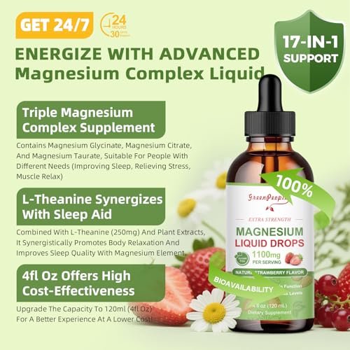 GREENPEOPLE Magnesium Glycinat Liquid Drops – 17-in-1 Triple Magnesium Komplex mit Glycinat 400mg, Citrat 500mg, Taurat & L-Theanin für Ruhe, Muskeln & Schlaf, Erdbeergeschmack, 118 ml