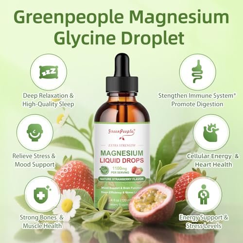 GREENPEOPLE Magnesium Glycinat Liquid Drops – 17-in-1 Triple Magnesium Komplex mit Glycinat 400mg, Citrat 500mg, Taurat & L-Theanin für Ruhe, Muskeln & Schlaf, Erdbeergeschmack, 118 ml