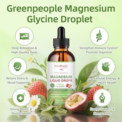 GREENPEOPLE Magnesium Glycinat Liquid Drops – 17-in-1 Triple Magnesium Komplex mit Glycinat 400mg, Citrat 500mg, Taurat & L-Theanin für Ruhe, Muskeln & Schlaf, Erdbeergeschmack, 118 ml
