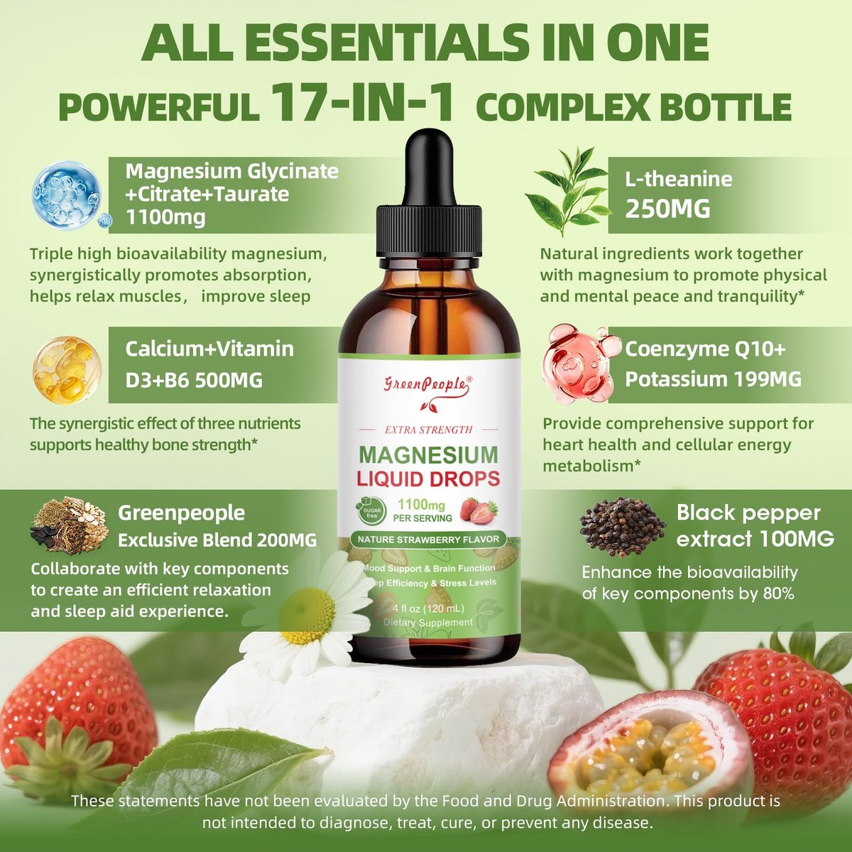 GREENPEOPLE Magnesium Glycinat Liquid Drops – 17-in-1 Triple Magnesium Komplex mit Glycinat 400mg, Citrat 500mg, Taurat & L-Theanin für Ruhe, Muskeln & Schlaf, Erdbeergeschmack, 118 ml