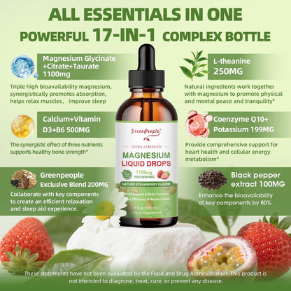 GREENPEOPLE Magnesium Glycinat Liquid Drops – 17-in-1 Triple Magnesium Komplex mit Glycinat 400mg, Citrat 500mg, Taurat & L-Theanin für Ruhe, Muskeln & Schlaf, Erdbeergeschmack, 118 ml