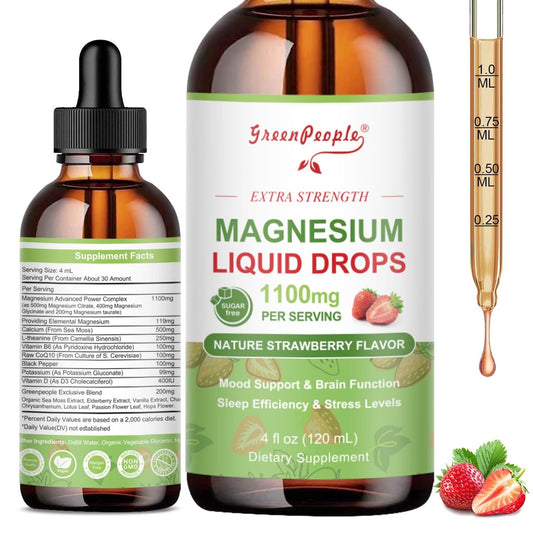 GREENPEOPLE Magnesium Glycinat Liquid Drops – 17-in-1 Triple Magnesium Komplex mit Glycinat 400mg, Citrat 500mg, Taurat & L-Theanin für Ruhe, Muskeln & Schlaf, Erdbeergeschmack, 118 ml