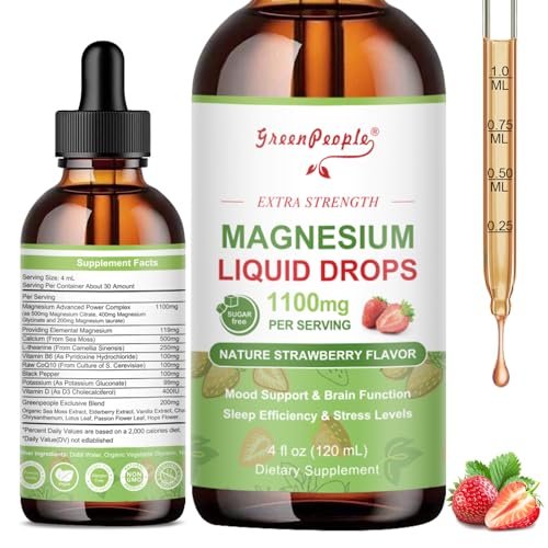 GREENPEOPLE Magnesium Glycinat Liquid Drops – 17-in-1 Triple Magnesium Komplex mit Glycinat 400mg, Citrat 500mg, Taurat & L-Theanin für Ruhe, Muskeln & Schlaf, Erdbeergeschmack, 118 ml