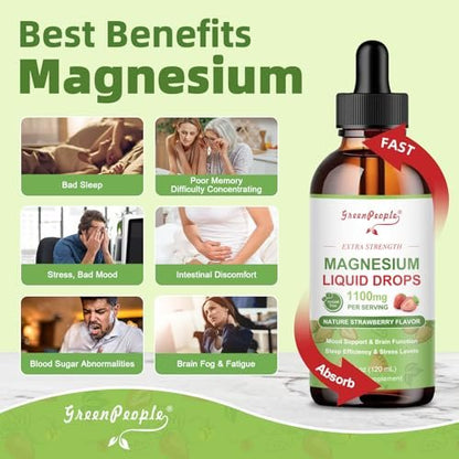 GREENPEOPLE Magnesium Glycinat Liquid Drops – 17-in-1 Triple Magnesium Komplex mit Glycinat 400mg, Citrat 500mg, Taurat & L-Theanin für Ruhe, Muskeln & Schlaf, Erdbeergeschmack, 118 ml