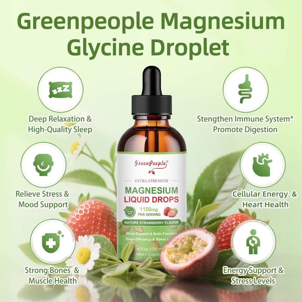 GREENPEOPLE Magnesium Glycinat Liquid Drops – 17-in-1 Triple Magnesium Komplex mit Glycinat 400mg, Citrat 500mg, Taurat & L-Theanin für Ruhe, Muskeln & Schlaf, Erdbeergeschmack, 118 ml
