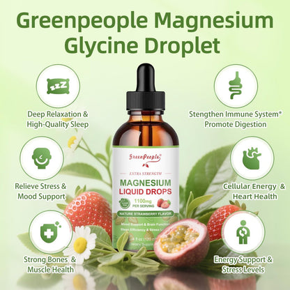 GREENPEOPLE Magnesium Glycinat Liquid Drops – 17-in-1 Triple Magnesium Komplex mit Glycinat 400mg, Citrat 500mg, Taurat & L-Theanin für Ruhe, Muskeln & Schlaf, Erdbeergeschmack, 118 ml