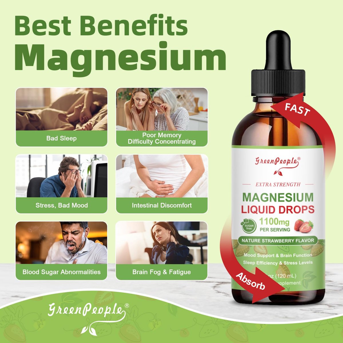 GREENPEOPLE Magnesium Glycinat Liquid Drops – 17-in-1 Triple Magnesium Komplex mit Glycinat 400mg, Citrat 500mg, Taurat & L-Theanin für Ruhe, Muskeln & Schlaf, Erdbeergeschmack, 118 ml