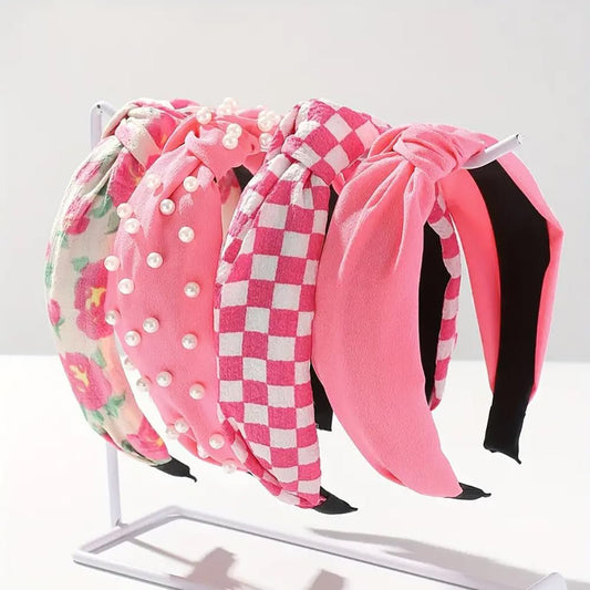 Huachi Heiße Pink Stirnbänder für Frauen Mädchen, 4er-Pack Süße Blumen bedruckte Geknotete Stirnbänder für Damenhaare, Rutschfeste Modische Breite Top-Knoten Haarbänder, Mädchen Rosa Trendy Haaraccessoires