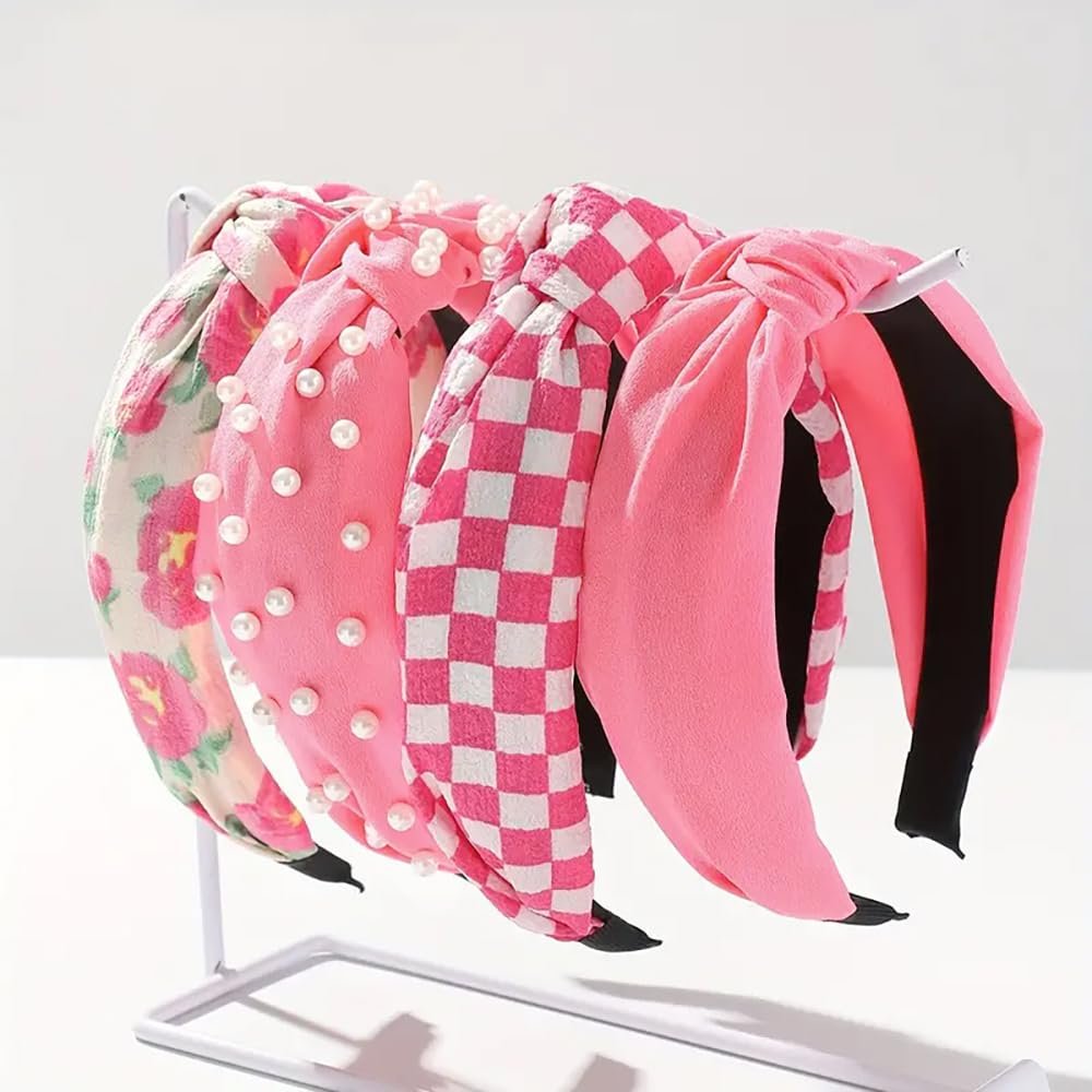 Huachi Heiße Pink Stirnbänder für Frauen Mädchen, 4er-Pack Süße Blumen bedruckte Geknotete Stirnbänder für Damenhaare, Rutschfeste Modische Breite Top-Knoten Haarbänder, Mädchen Rosa Trendy Haaraccessoires