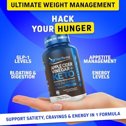 Herbtonics Apfelessig + Keto BHB Kapseln | GLP-1 Unterstützung für Appetit, Heißhunger & Gewichtsmanagement | Stoffwechselunterstützung mit Sättigungsgefühl | 60 Kapseln - 1 Monatsvorrat
