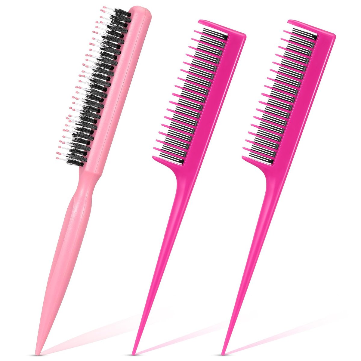 Patelai 3-teiliges Haar-Toupierkamm-Set – Nylon-Triple-Kamm und Wildschweinborsten-Toupierbürsten für Frauen, Stylisten, Männer, zum Zurückkämmen, Glätten, Lockiges, Dickes, Nasses Haar (Pink)