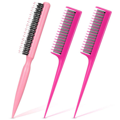 Patelai 3-teiliges Haar-Toupierkamm-Set – Nylon-Triple-Kamm und Wildschweinborsten-Toupierbürsten für Frauen, Stylisten, Männer, zum Zurückkämmen, Glätten, Lockiges, Dickes, Nasses Haar (Pink)