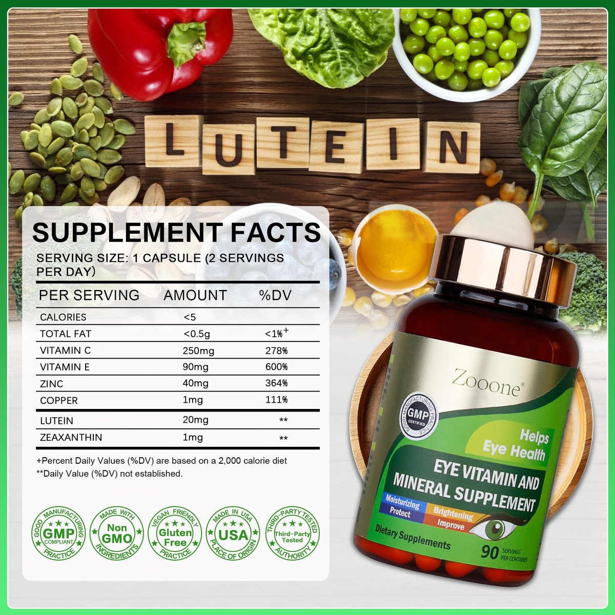 zooone Lutein und Zeaxanthin Augenvitamine – Sehkraft Unterstützung mit Vitamin C, E, Zink, Kupfer – 90 Kapseln für Erwachsene und Senioren