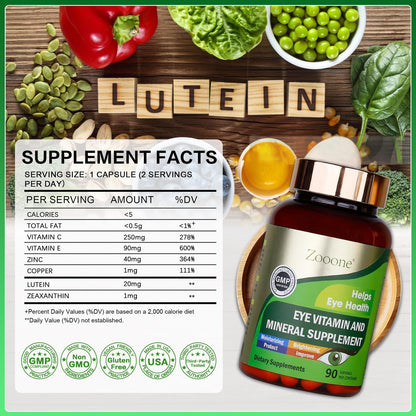zooone Lutein und Zeaxanthin Augenvitamine – Sehkraft Unterstützung mit Vitamin C, E, Zink, Kupfer – 90 Kapseln für Erwachsene und Senioren