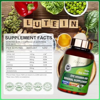 zooone Lutein und Zeaxanthin Augenvitamine – Sehkraft Unterstützung mit Vitamin C, E, Zink, Kupfer – 90 Kapseln für Erwachsene und Senioren