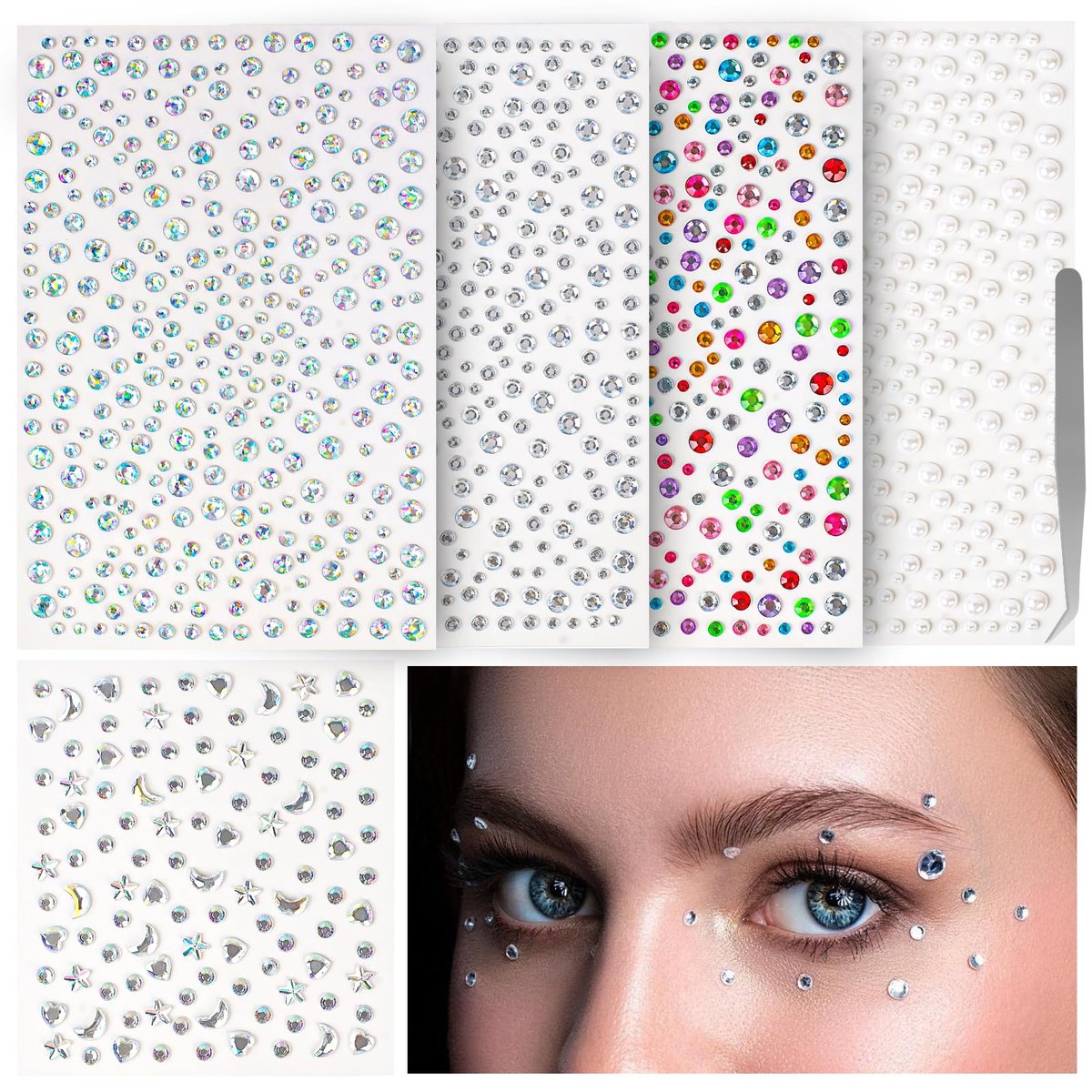 vivinin 1465P Face Gems, Selbstklebende Haar-Glitzersteine, 5 verschiedene Arten von Strasssteinen für Gesicht, Augen, Körper, Haare, Make-up, Festivaldekorationen, DIY-Bastelarbeiten