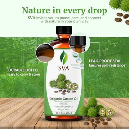 SVA Castor Seed Oil Organic - 16 Fl Oz – 100% Natürliches kaltgepresstes Bio-Rizinusöl für Gesicht, Hautpflege, Haarpflege, Kopfhautmassage & Körpermassage mit Pumpe