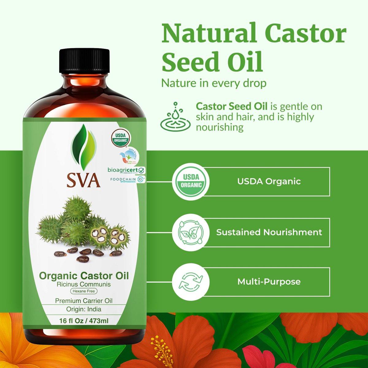 SVA Castor Seed Oil Organic - 16 Fl Oz – 100% Natürliches kaltgepresstes Bio-Rizinusöl für Gesicht, Hautpflege, Haarpflege, Kopfhautmassage & Körpermassage mit Pumpe