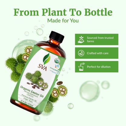 SVA Castor Seed Oil Organic - 16 Fl Oz – 100% Natürliches kaltgepresstes Bio-Rizinusöl für Gesicht, Hautpflege, Haarpflege, Kopfhautmassage & Körpermassage mit Pumpe