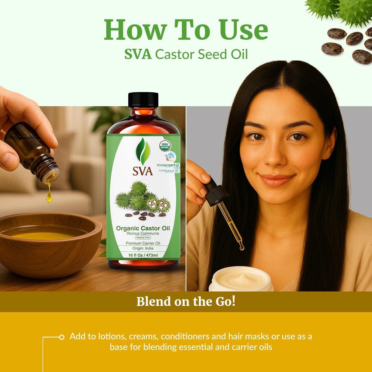 SVA Castor Seed Oil Organic - 16 Fl Oz – 100% Natürliches kaltgepresstes Bio-Rizinusöl für Gesicht, Hautpflege, Haarpflege, Kopfhautmassage & Körpermassage mit Pumpe