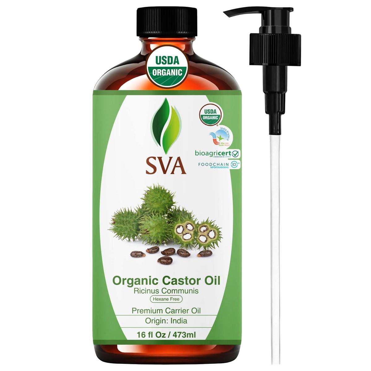SVA Castor Seed Oil Organic - 16 Fl Oz – 100% Natürliches kaltgepresstes Bio-Rizinusöl für Gesicht, Hautpflege, Haarpflege, Kopfhautmassage & Körpermassage mit Pumpe
