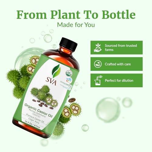 SVA Castor Seed Oil Organic - 16 Fl Oz – 100% Natürliches kaltgepresstes Bio-Rizinusöl für Gesicht, Hautpflege, Haarpflege, Kopfhautmassage & Körpermassage mit Pumpe